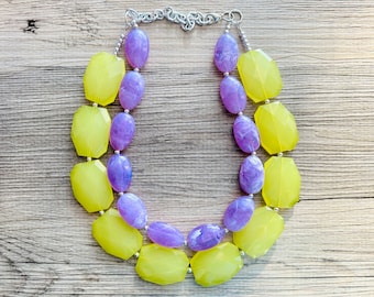 Purple & Yellow Chunky Statement Necklace, multi strand colorful jewelry, big beaded chunky statement necklace, purple necklace, purple yell