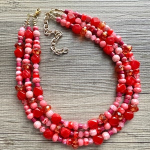 Fire Fairy Dust Statement Necklace, multi Strand Beaded Jewelry, gold and red necklace, coral pink big beaded orange fall bead maroon