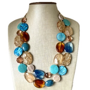 Beachy Haze Statement Necklace, chunky bib beaded jewelry, blue necklace, light brown beaded aqua blue jewelry, tan champagne chocolate