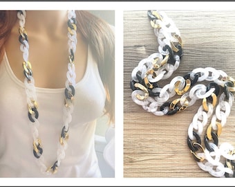 Long Acrylic necklace, white black gold linking acetate necklace, white chain necklace, statement necklace jewelry, gold mirror