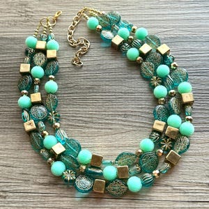 Turquoise Mint & Gold Beaded statement necklace, 3 strand bead jewelry, green teal geometric light blue winter bib chunky blue metallic