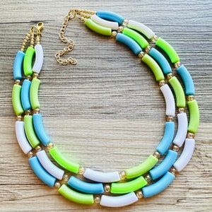 Vacation Seascape Statement Necklace, chunky bib beaded jewelry, green white blue necklace, dark blue beaded green jewelry gold
