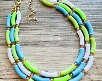 Collar llamativo con diseño de paisaje marino de vacaciones, joyería con cuentas de babero grueso, collar verde, blanco y azul, joyería verde con cuentas de color azul oscuro y dorado