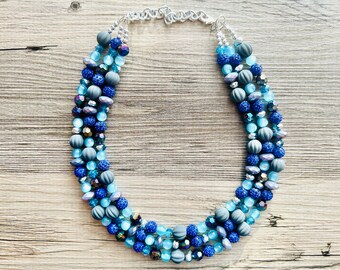 Daydream Blue Statement Necklace, chunky bib beaded jewelry, navy royal blue necklace, dark blue beaded acrylic gray silver aqua turquoise