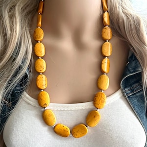 Long Layering Marigold Stone Chunky Statement Necklace single Strand Beaded jewelry bridesmaid bib wedding bead OOAK yellow orange geometric