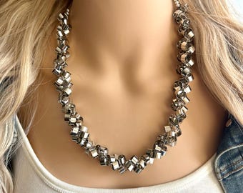 Glimmer Geometric Necklace, silver metal necklace jewelry, single strand metal beaded layering gray dressy jewelry wedding bridesmaid