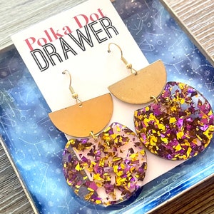 Purple & Gold Confetti Earrings, gold drop Earrings, shiny jewelry earrings metal geometric dark purple lavender Statement