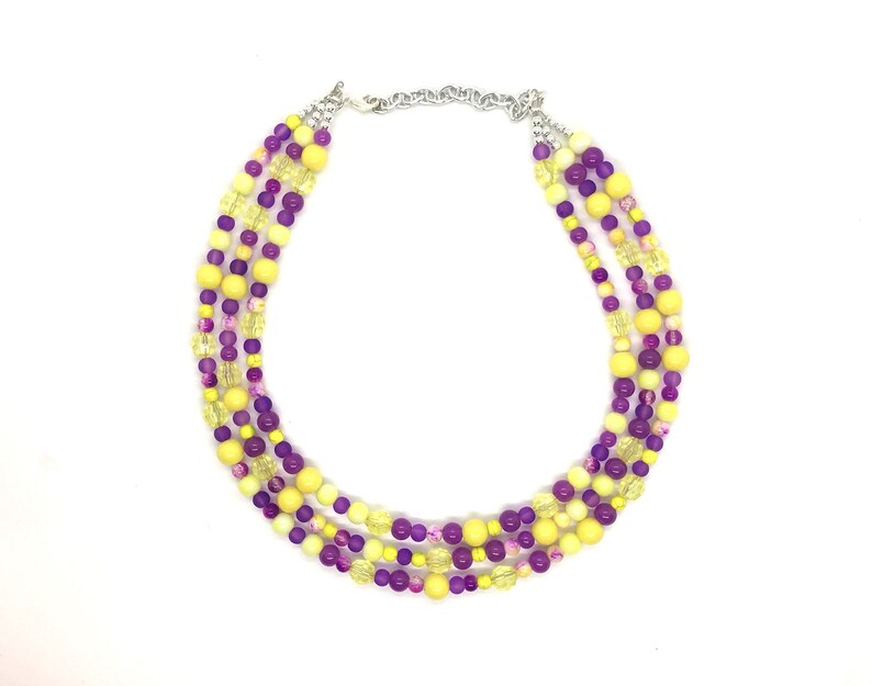 Triple Strand Beaded Jewelry eggplant jewelry Purple /& Yellow Chunky Statement Necklace Minnesota bridesmaid purple yellow wedding