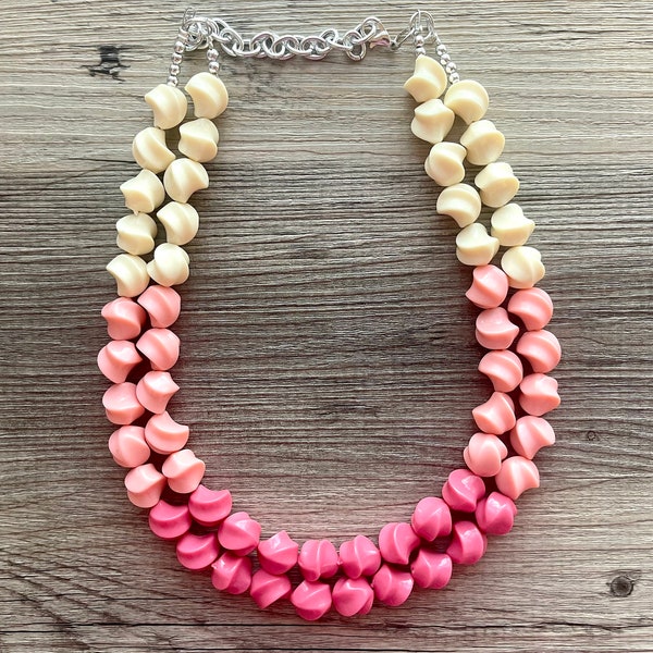 Rosa Cupcake Frosting Ombré Chunky Statement-smycken, Stora haklappar, Pärlsmycken, Dubbelsträngade Statement Halsband Örhängen, Tärnbrudtärnebröllop