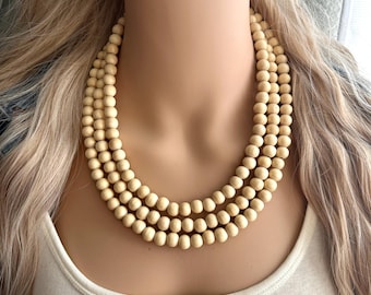 3 Strand Wood Beaded Necklace, brown Jewelry Chunky statement necklace, big beaded choker jewelry, natural smooth tan neutral wooden