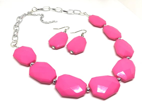 Hot pink Statement Necklace & Earrings, hot pink jewelry, Your Choice GOLD or SILVER, pink bib chunky necklace, pink necklace