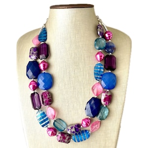 Patricia Purple Chunky Statement Necklace Double Strand Beaded Jewelry, metallic hot pink blue jewelry bridesmaid summer wedding jewel