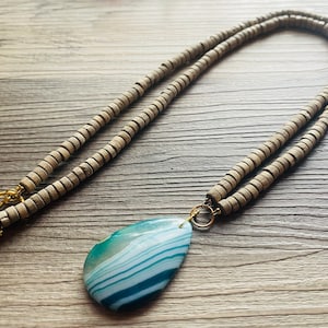 GemStone Chunky Statement Necklace, green blue gemstone necklace, long gem jewelry, beaded necklace, agate jewelry pendant wood