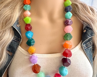 Long Rainbow Beaded Necklace, Colorful Jewelry, Chunky statement necklace, big beaded necklace, baby shower resin plus size layering