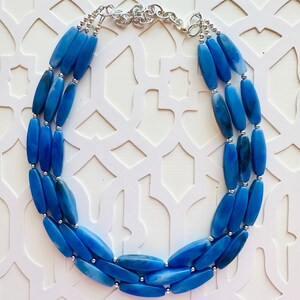 Royal Blue Triple Strand Statement Necklace, Chunky blue tube Beaded Bib Jewelry, blue jewelry, denim blue jewlery necklace silver