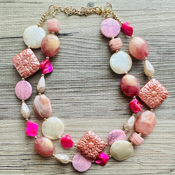 Twinkling Candy Pink Statement Necklace, chunky bib beaded jewelry, colorful jewelry, hot pink white cream flower, beaded jewelry rose