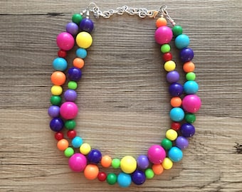 Statement Necklace, rainbow double strand chunky bib beaded jewelry, colorful bead necklace, thick textured rainbow statement