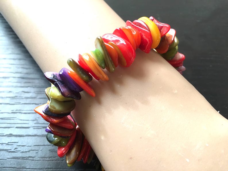 shell stretch bracelet multi color beaded rainbow bracelet rainbow beaded jewelry stretch bracelet Rainbow Beaded Statement bracelet