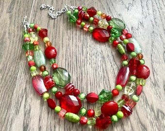 Christmas Necklace, Red, Green, and BLING! Holiday Jewelry, Christmas Jewelry, Red Green Jewelry, Beaded Christmas Gift Christmas Present