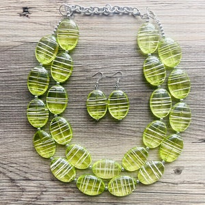 Textured Lime Statement Necklace, Big Beaded necklace, chunky beaded green necklace wedding, green jewelry, white striped jewelry