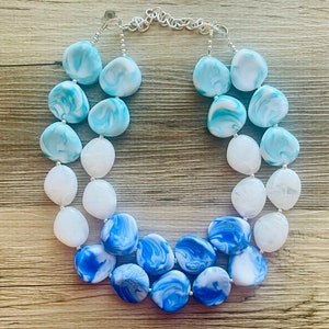 Color Block Double Statement Necklace, Chunky Jewelry Big Beaded Necklace, emerald green teal white Necklace, bead bubble earrings