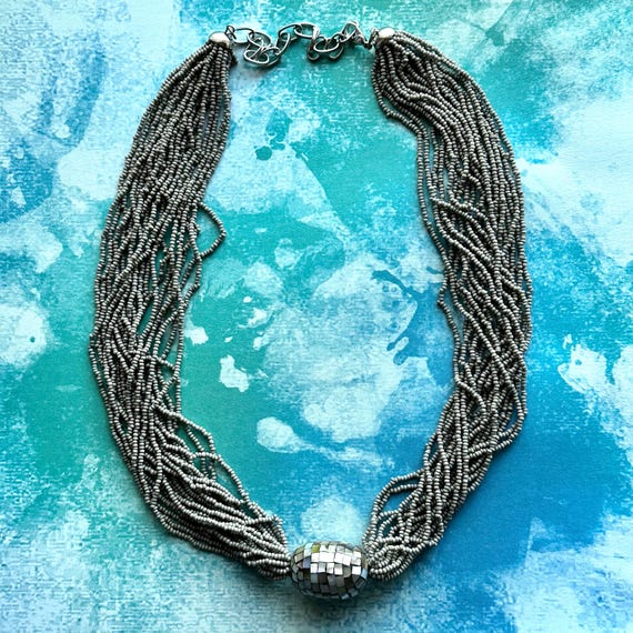 Vintage Silver Shell Chunky Statement Necklace Be… - image 4