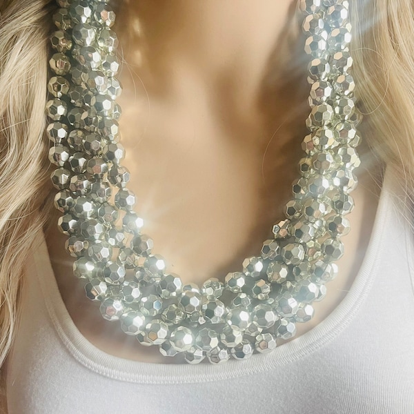 Super glänzende Silber Chunky Statement Halskette, Big perlen schmuck, Graue 5 Strang Statement Halskette, Bib Halskette winter harz spiegel