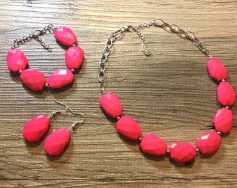 Hot pink Statement Necklace & Earrings and bracelet, hot pink jewelry, Your Choice GOLD or SILVER, pink bib chunky necklace, pink necklace