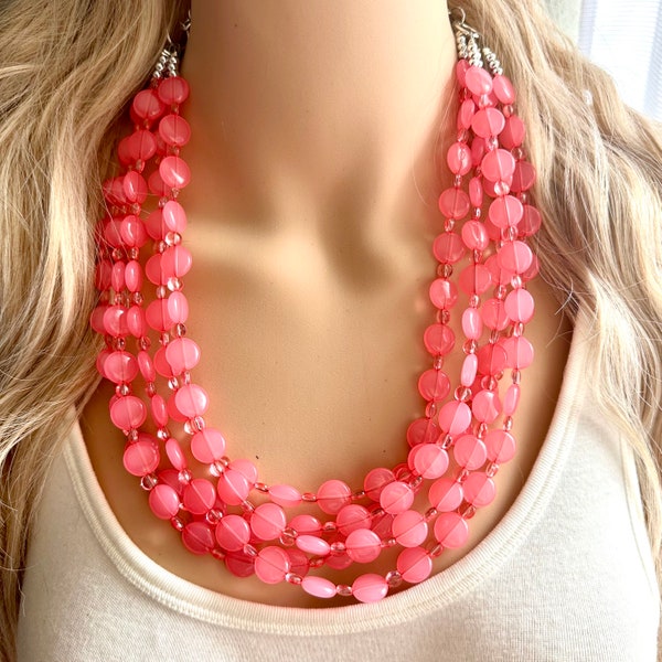 Bubble Pink Statement Necklace, Hot Pink Coral chunky bib beaded jewelry, color block wedding bridesmaid acrylic bib earrings set 5 strand