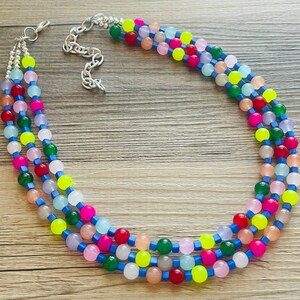 Birthday Rainbow Multi-Color Rainbow Silver Necklace, Chunky Statement Necklace Happy Bright Summer Jewelry, big beaded jewelry