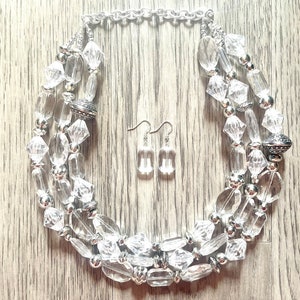 Silver and Clear statement necklace, lucite necklace, resin necklace, clear three strand chunky jewelry, silver Beaded Holiday Necklace