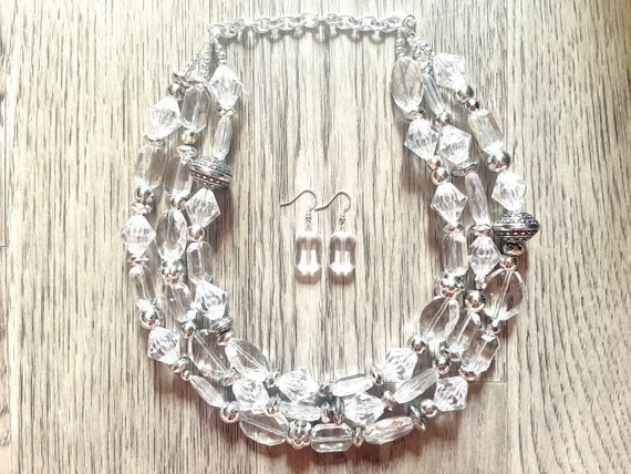 Silver and Clear Statement Necklace Lucite Necklace Resin