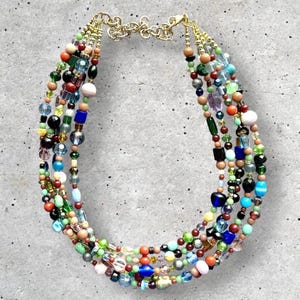 Birthday Vacation Multi-Color Rainbow Gold Necklace, neutral Chunky Statement Necklace Happy Bright Summer glass big beaded jewelry