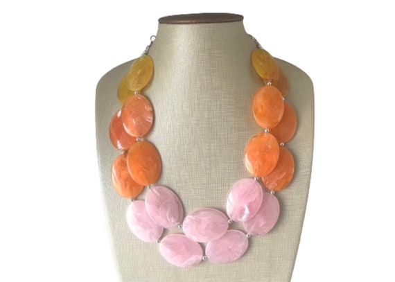 Yellow Orange Pink Chunky Statement Necklace, Big Beaded