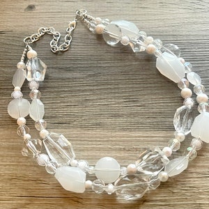 White Clear Double Strand statement necklace, big beaded necklace, chunky jewelry, white necklace, clear necklace, multi-strand