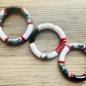Cabana Weekend Statement bracelet, chunky bold bamboo bracelet, red shell colorful beaded jewelry, chunky geometric white gray gold black