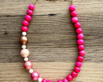 Collar llamativo de una sola hebra en rosa y degradado, joyería gruesa con cuentas grandes, rosa fuerte, blanco, marrón, ruborizado, rosa claro, collar de madera en capas.