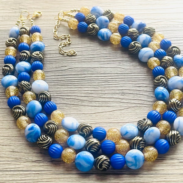 Nautical Chunky Statement Necklace, Big beaded jewelry, triple Strand Statement Necklace, royal blue white, gold navy necklace, white gold