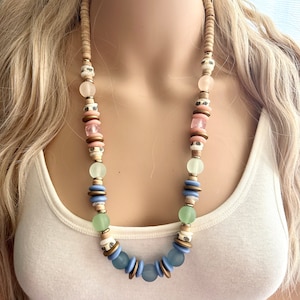 Vintage pastel rainbow long Necklace, beaded acrylic glass jewelry, colorful necklace jewelry pink wood green blue gold wood
