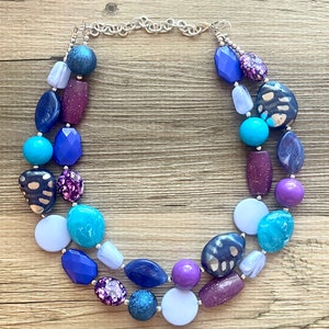 Intergalactic Seascape Statement Necklace, chunky bib beaded jewelry, royal blue necklace, light aqua blue beaded purple jewelry