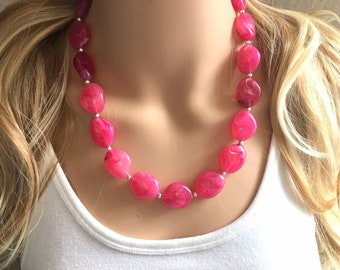 Hot Pink Statement Necklace Jewelry Set, Chunky Jewelry Big Beaded 1 Strand Necklace, pink Necklace, dark pink Jewelry Set earrings bracelet