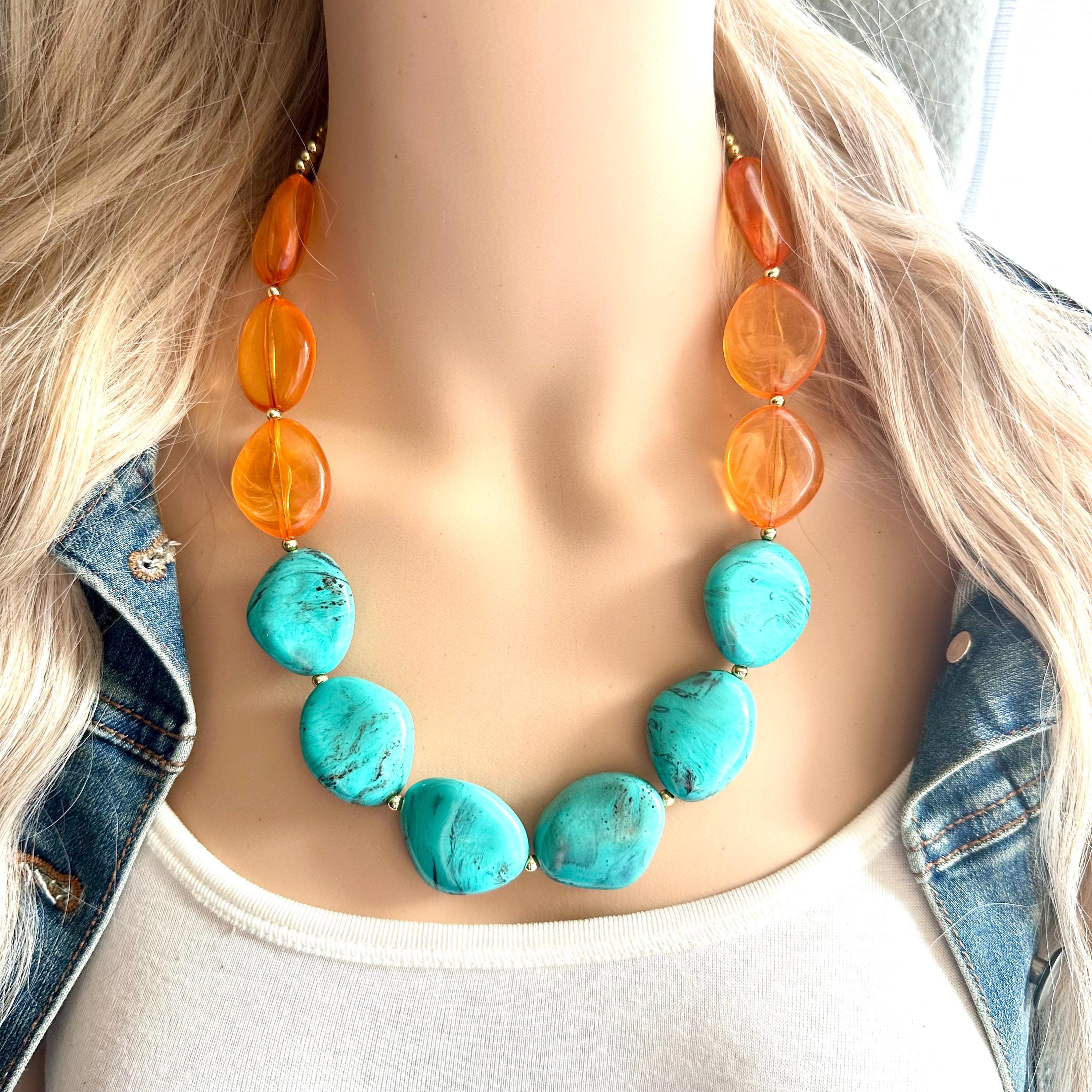 Turquoise & Orange Statement Necklace, Chunky Bib Beaded Jewelry 1