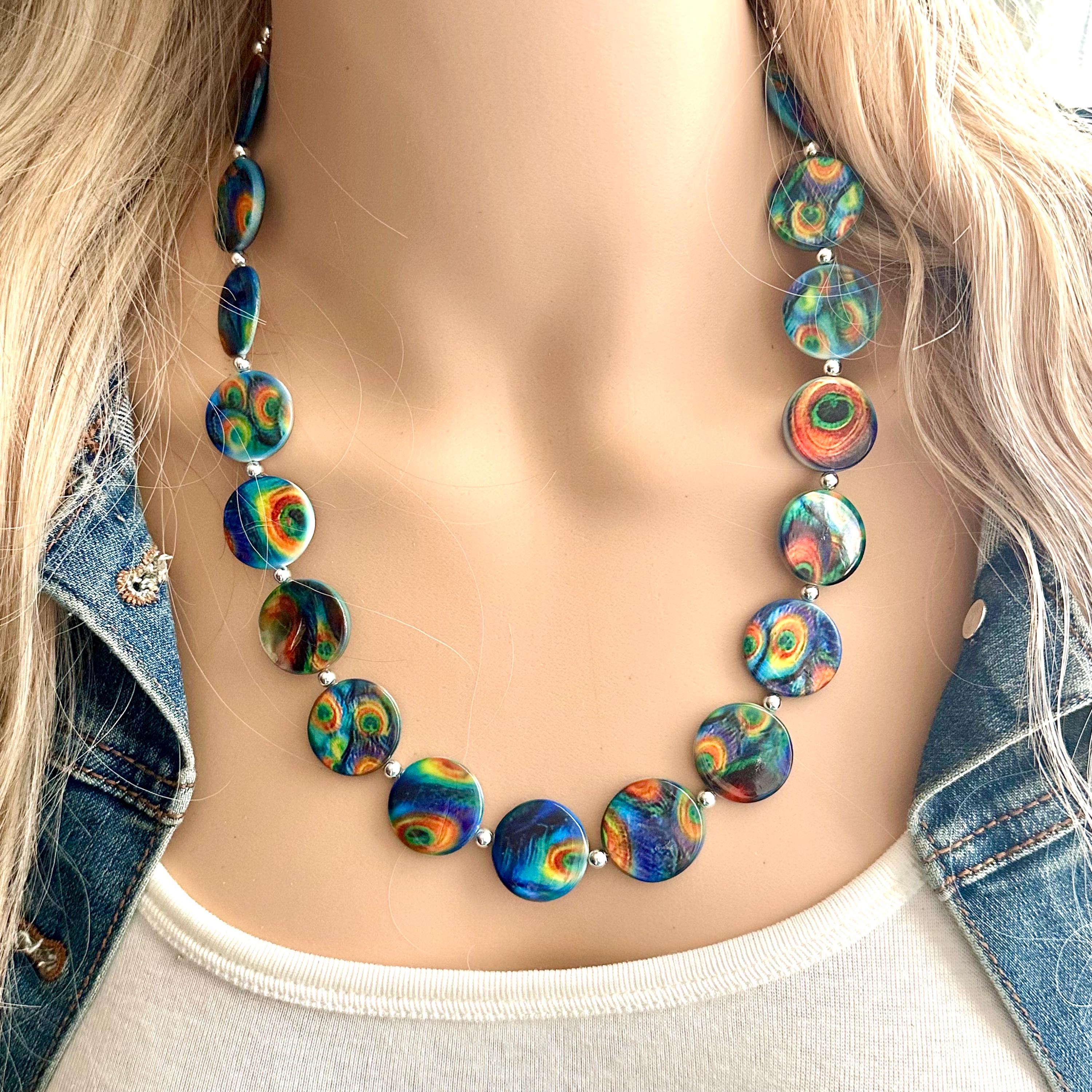 Peacock Shell Disc Chunky Statement Necklace, One Strand Beaded Jewelry, Orange Blue Green jewelry, bridesmaid wedding bib feather