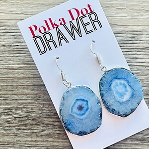 Royal Blue & Silver Agate Slice drop bead earrings, blue beaded statement earrings, dark blue jewelry, blue geometric earrings image 2