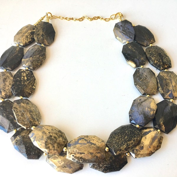 Black & Gold Necklace, Double strand gold jewelry, big beaded chunky statement necklace, black necklace, gold jewelry, gold necklace