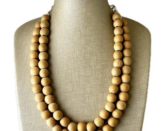 2 Strand Birch Wood Beaded Necklace, brown Jewelry Chunky statement necklace, big beaded necklace jewelry, natural smooth wood earrings