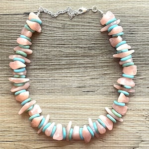 Berg Sonnenaufgang Chunky Statement Halskette, pfirsich perlenkette, 1 Strang dicke kette, perlenschmuck türkis blau