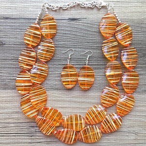 Orange White Statement Jewelry Set, big Beaded Chunky necklace bracelet earrings, multi Strand wedding, orange bridesmaid necklace