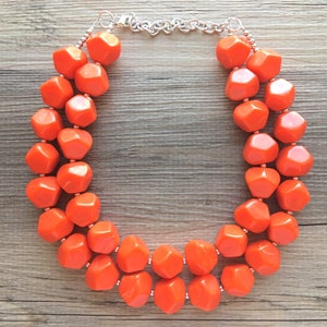 Bright Chunky Orange Statement Necklace, Big beaded jewelry, Double Strand Statement Necklace, Bib necklace orange bridesmaid wedding silver