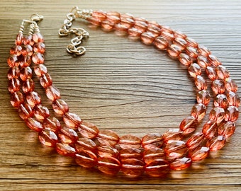 Durchscheinende Koralle 3 Strang Statement Halskette, Pfirsich Perlenkette, Sommer silber Schmuck, Blase neutrale Schicht Koralle rosa